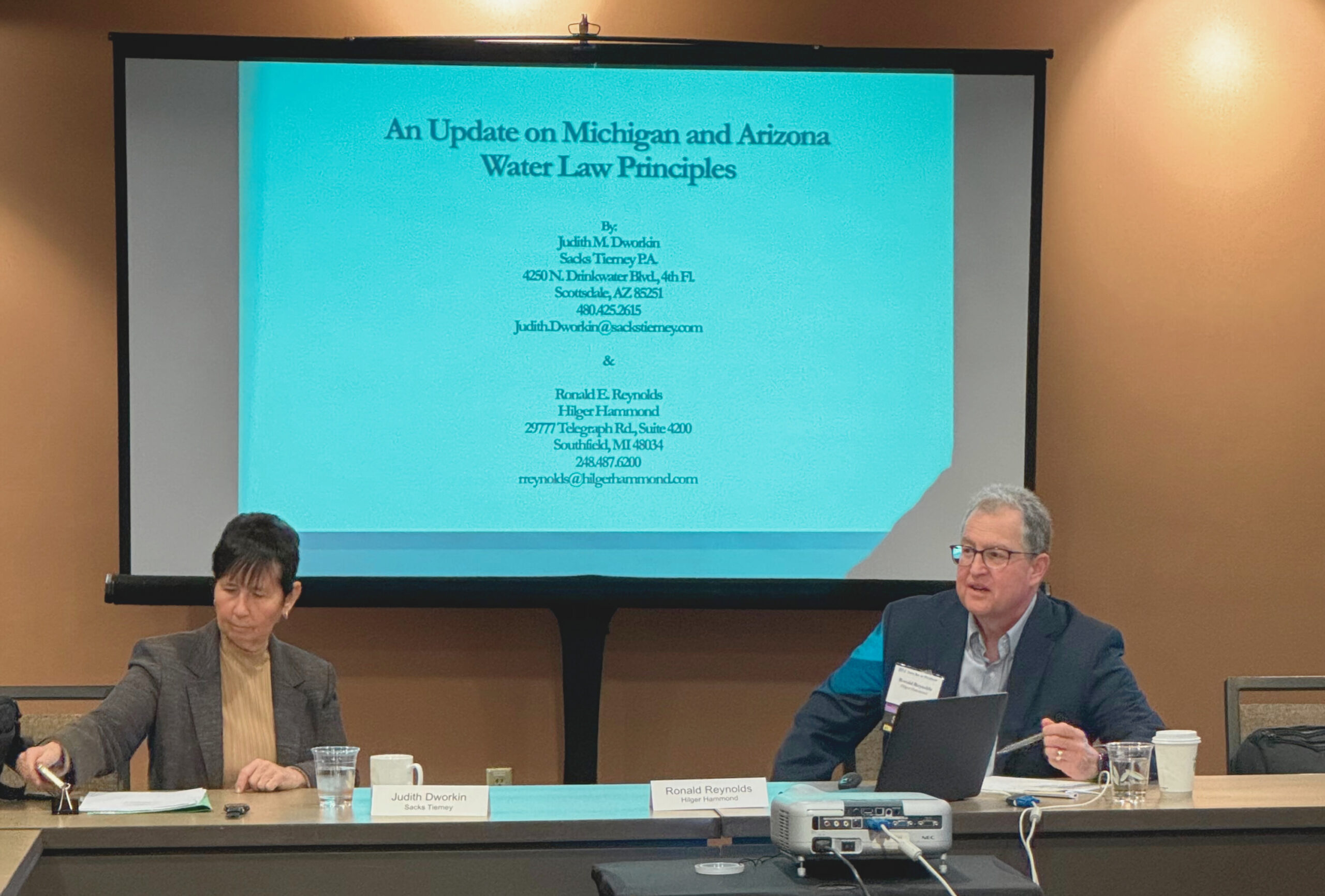 Hilger Hammond Lawyer Ron Reynolds presenting with Phoenix based lawyer Judith Dworkin on water law principles at Arizona's 2024 Real Property Law Section Conference.