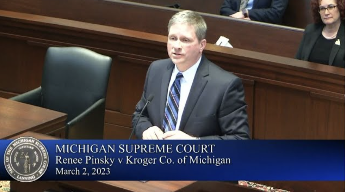 A lawyer presents in court during the Renee Pinsky v. Kroger Co. of Michigan case on March 2, 2023.