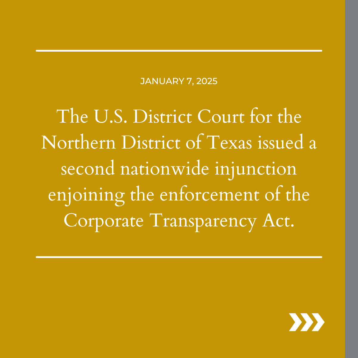 The U.S. District Court for the Northern District of Texas issued a second nationwide injunction enjoining the enforcement of the CTA. 
