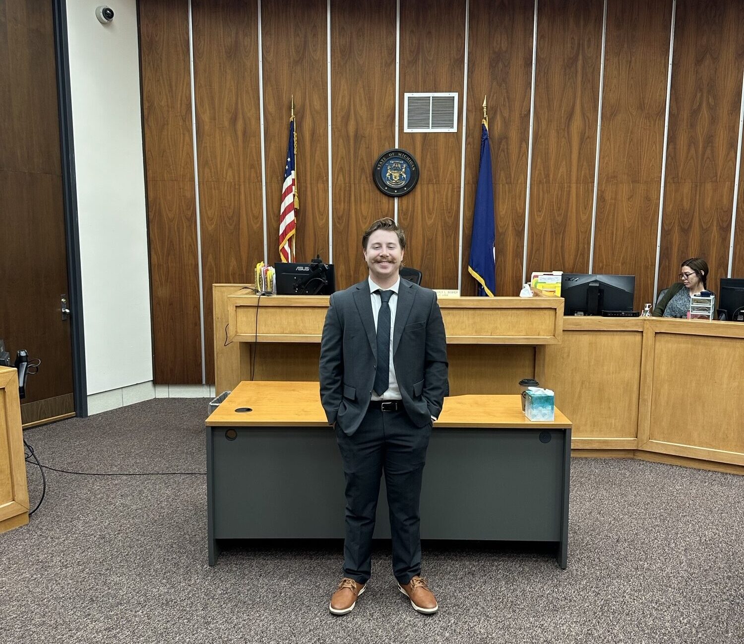 Hilger Hammond legal intern Tyler Penlerick in the Kent County Courtroom, observing the mediation & arbitration process.